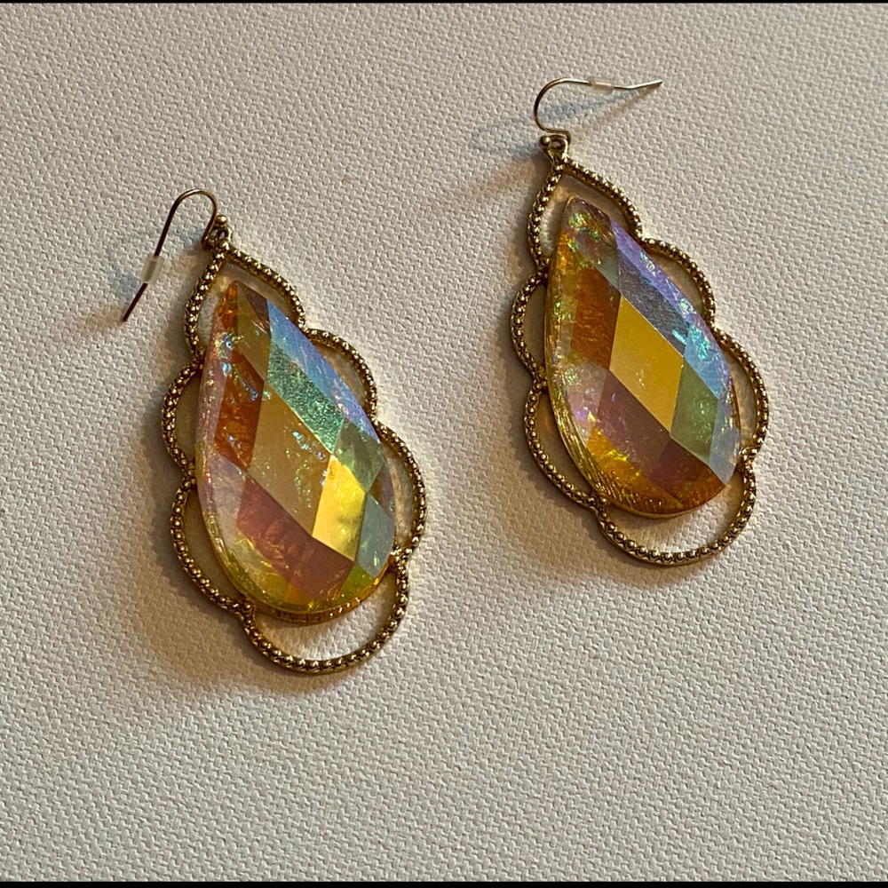 Boho Gold Tone Iridescent Teardrop Dangle Earrings